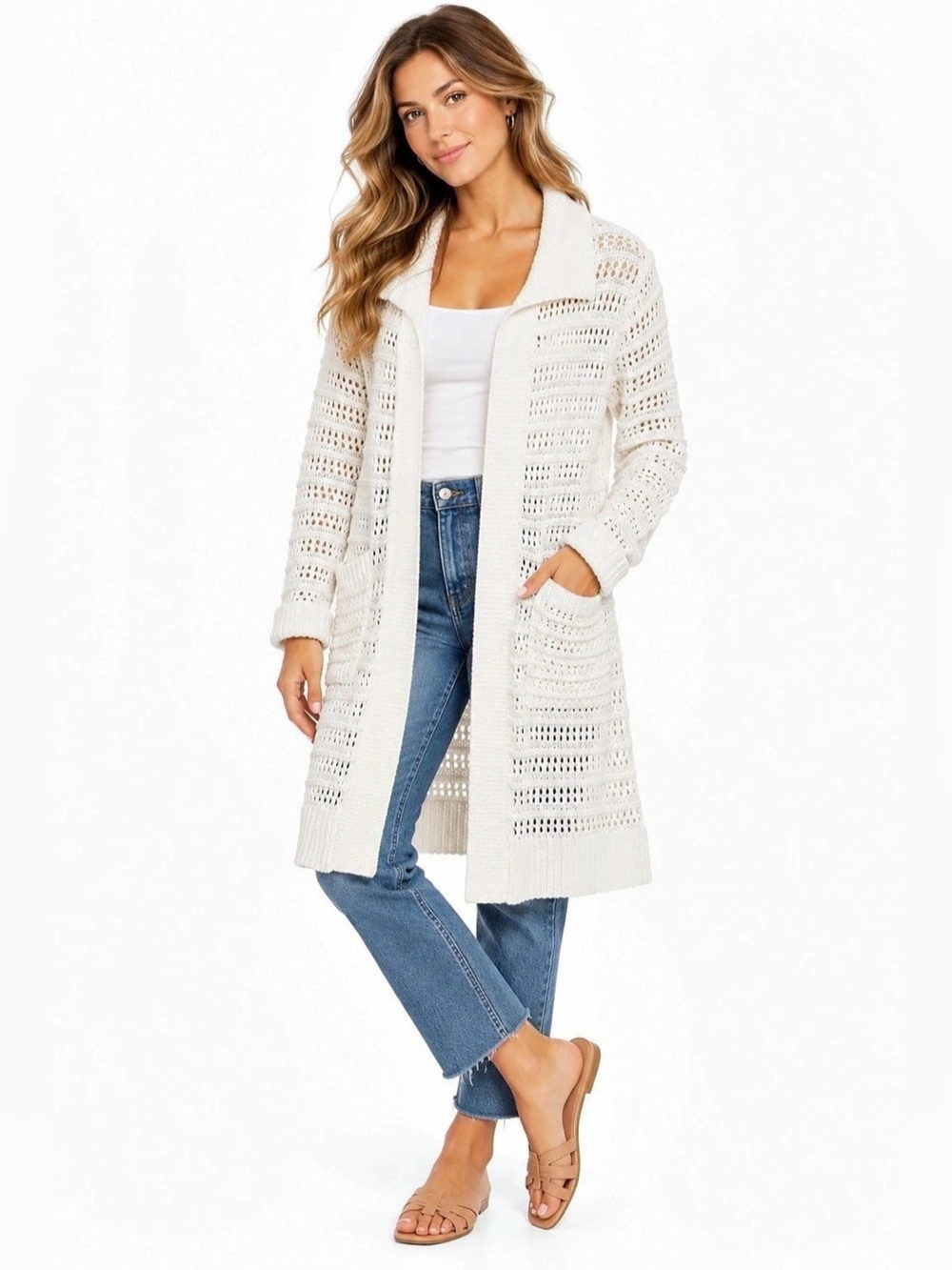 Cabi Open Stitch Cardigan Open-Front White Medium